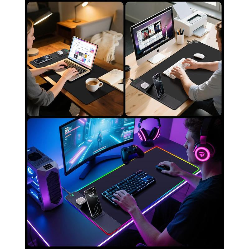Ultimate RGB Wireless Charging Gaming Mouse Pad with Phone Stand - 31.5"x15.8" - 24 Light Effects, Non-Slip, Waterproof, Ultra-Smooth Surface