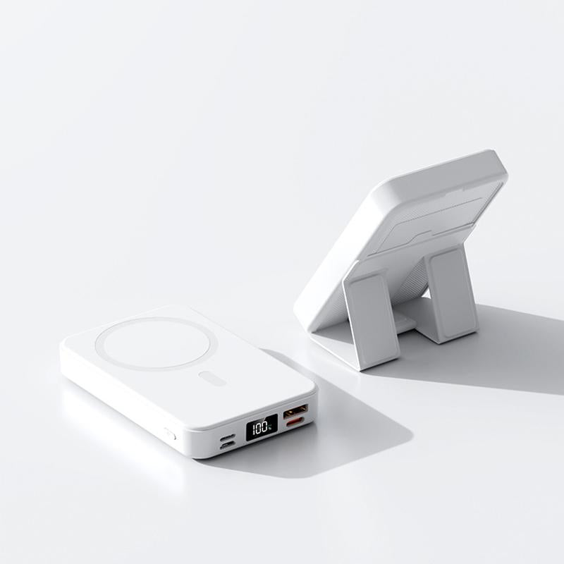 10000mAh Magnetic Wireless Power Bank - Portable Charger with USB-C, LED Display, & Foldable Design for iPhone 16/15/14/13/12/Pro/Pro Max - Compact Silicone Black