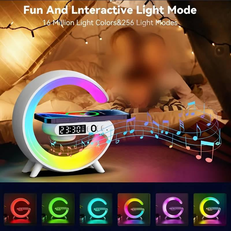 Stylish Wireless Speaker & Charger with RGB Lights and Alarm Clock - Perfect for Bedroom or Dorm!
