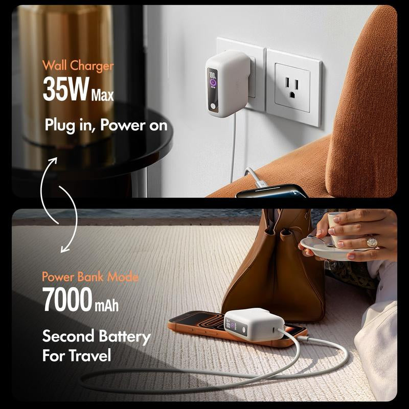 LISEN 3-in-1 Fast Travel Charger: 35W Wall Charger & 27W Power Bank with 3.3FT USB-C Cable - 7000mAh Battery Pack for iPhone 17/16, Galaxy, Pixel 10 - Portable & Foldable Design