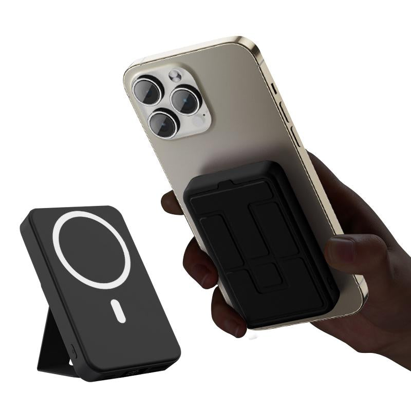 10000mAh Magnetic Wireless Power Bank - Portable Charger with USB-C, LED Display, & Foldable Design for iPhone 16/15/14/13/12/Pro/Pro Max - Compact Silicone Black