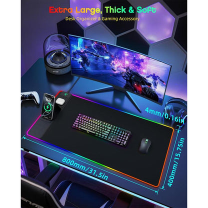 Ultimate RGB Wireless Charging Gaming Mouse Pad with Phone Stand - 31.5"x15.8" - 24 Light Effects, Non-Slip, Waterproof, Ultra-Smooth Surface