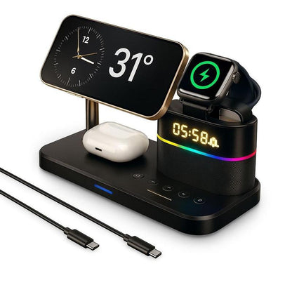 Ultimate 5-In-1 Wireless Charging Station with Digital Clock & Wake-Up Light for iPhone 16/15, Apple Watch Ultra 2/10, and All AirPods Models
