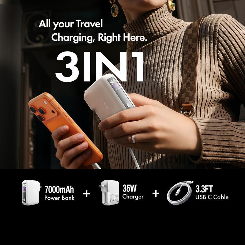 LISEN 3-in-1 Fast Travel Charger: 35W Wall Charger & 27W Power Bank with 3.3FT USB-C Cable - 7000mAh Battery Pack for iPhone 17/16, Galaxy, Pixel 10 - Portable & Foldable Design