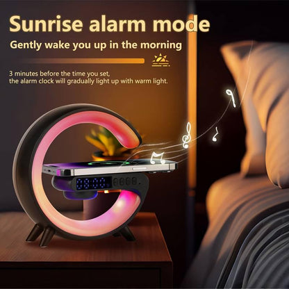 Stylish Wireless Speaker & Charger with RGB Lights and Alarm Clock - Perfect for Bedroom or Dorm!