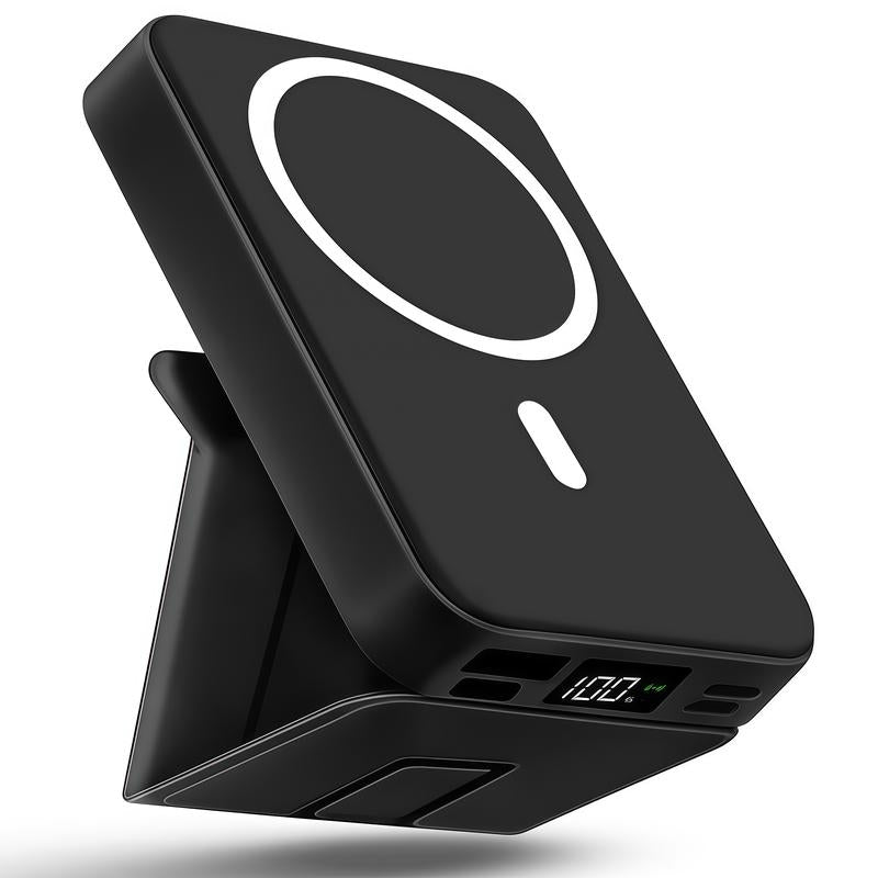 10000mAh Magnetic Wireless Power Bank - Portable Charger with USB-C, LED Display, & Foldable Design for iPhone 16/15/14/13/12/Pro/Pro Max - Compact Silicone Black