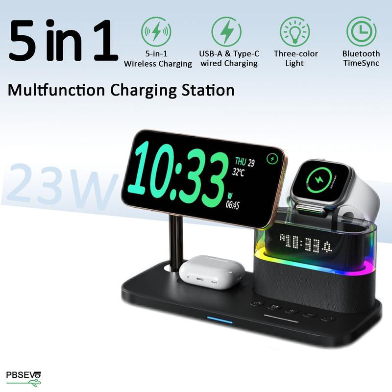 Ultimate 5-In-1 Wireless Charging Station with Digital Clock & Wake-Up Light for iPhone 16/15, Apple Watch Ultra 2/10, and All AirPods Models