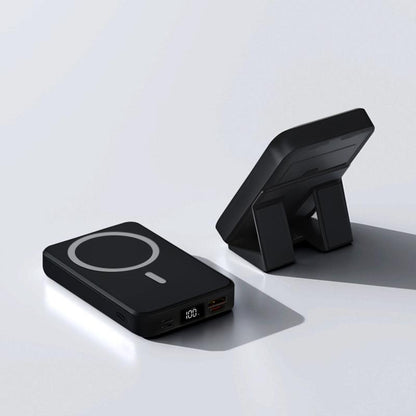 10000mAh Magnetic Wireless Power Bank - Portable Charger with USB-C, LED Display, & Foldable Design for iPhone 16/15/14/13/12/Pro/Pro Max - Compact Silicone Black