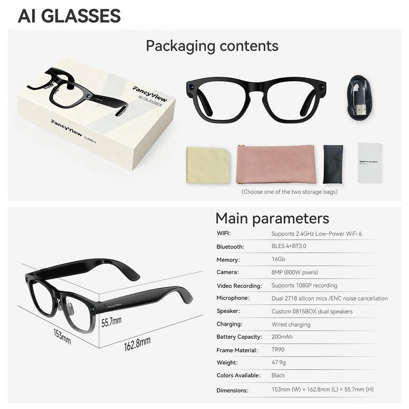 Revolutionary Fancyview AI Smart Glasses - Wi-Fi 6, 16GB Storage, Hands-Free Camera, Lightweight Matte Black Frame