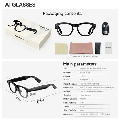 Revolutionary Fancyview AI Smart Glasses - Wi-Fi 6, 16GB Storage, Hands-Free Camera, Lightweight Matte Black Frame