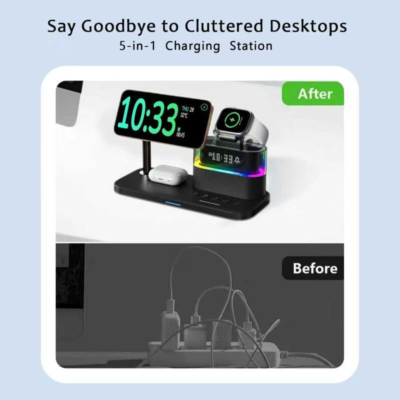 Ultimate 5-In-1 Wireless Charging Station with Digital Clock & Wake-Up Light for iPhone 16/15, Apple Watch Ultra 2/10, and All AirPods Models