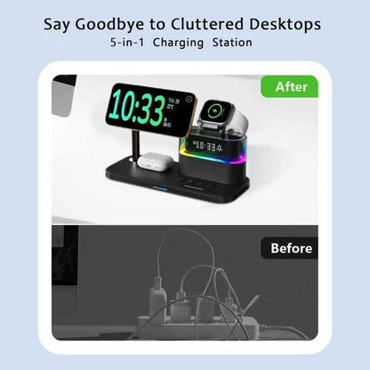 Ultimate 5-In-1 Wireless Charging Station with Digital Clock & Wake-Up Light for iPhone 16/15, Apple Watch Ultra 2/10, and All AirPods Models