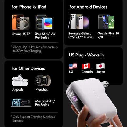 LISEN 3-in-1 Fast Travel Charger: 35W Wall Charger & 27W Power Bank with 3.3FT USB-C Cable - 7000mAh Battery Pack for iPhone 17/16, Galaxy, Pixel 10 - Portable & Foldable Design