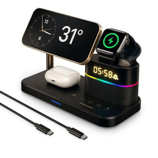 Ultimate 5-In-1 Wireless Charging Station with Digital Clock & Wake-Up Light for iPhone 16/15, Apple Watch Ultra 2/10, and All AirPods Models