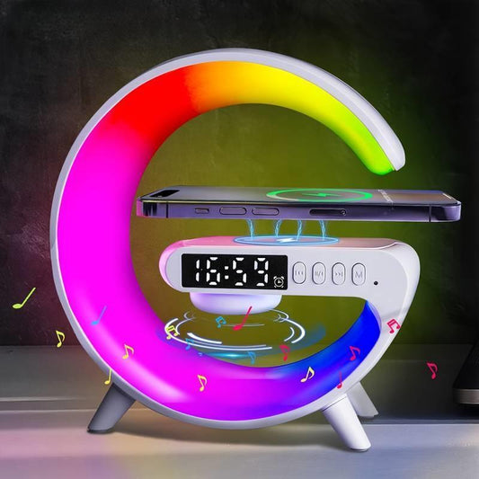 Stylish Wireless Speaker & Charger with RGB Lights and Alarm Clock - Perfect for Bedroom or Dorm!