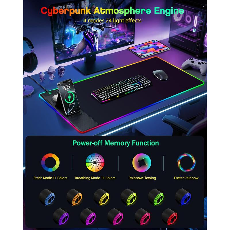 Ultimate RGB Wireless Charging Gaming Mouse Pad with Phone Stand - 31.5"x15.8" - 24 Light Effects, Non-Slip, Waterproof, Ultra-Smooth Surface