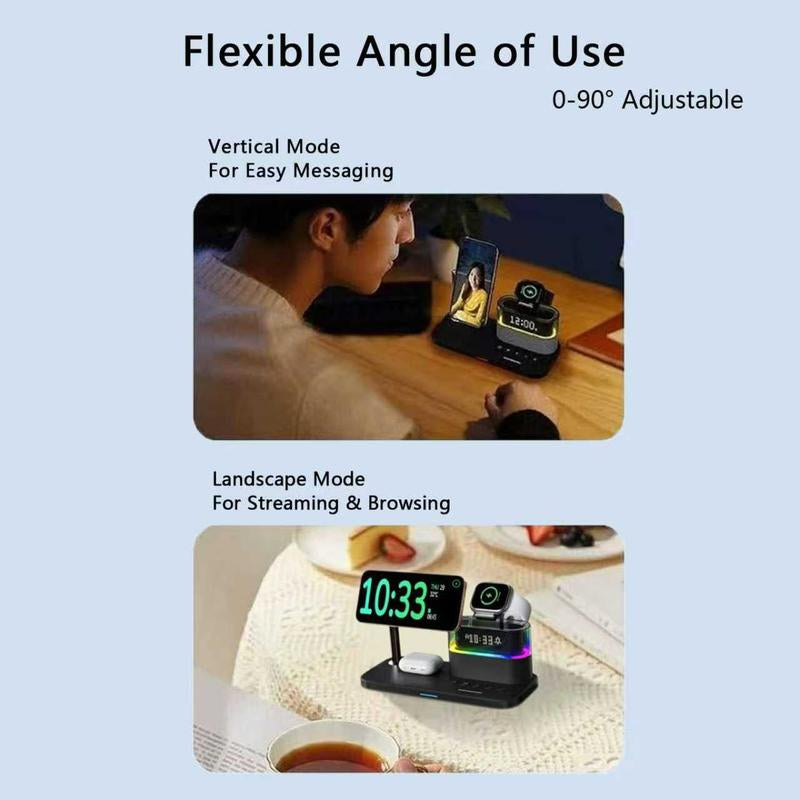 Ultimate 5-In-1 Wireless Charging Station with Digital Clock & Wake-Up Light for iPhone 16/15, Apple Watch Ultra 2/10, and All AirPods Models