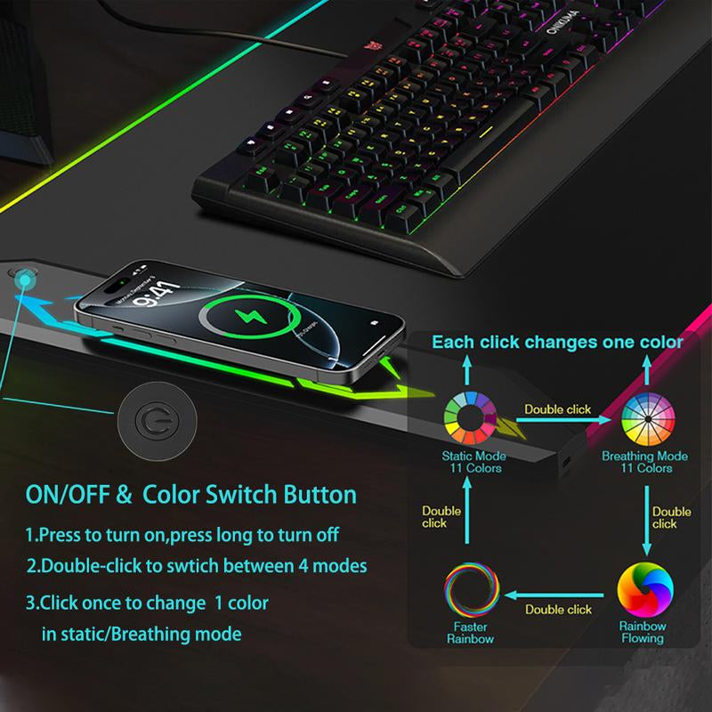 HIWE RGB Extra Large Gaming Mouse Pad with 15W Magnetic Wireless Charging - 24 Light Effects, Waterproof & Non-Slip Base for Ultimate Gaming Experience