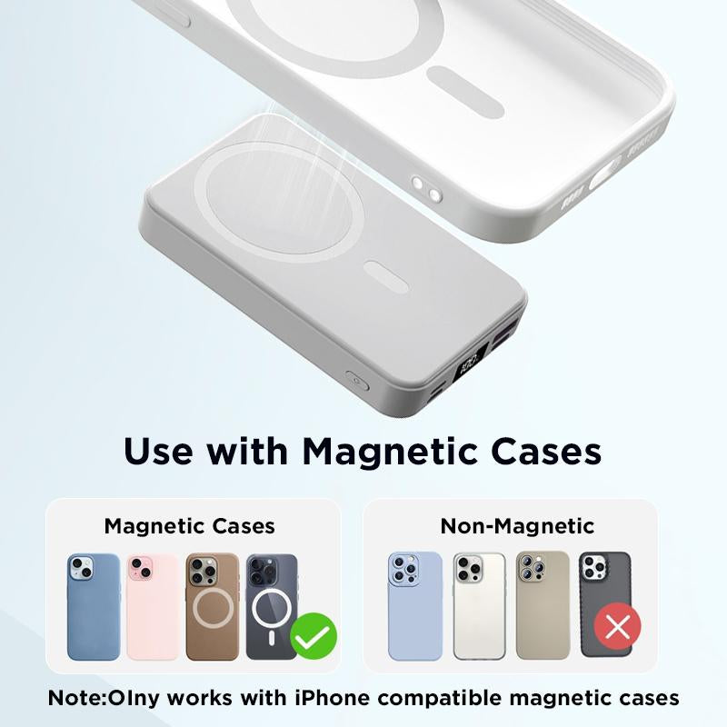 10000mAh Magnetic Wireless Power Bank - Portable Charger with USB-C, LED Display, & Foldable Design for iPhone 16/15/14/13/12/Pro/Pro Max - Compact Silicone Black