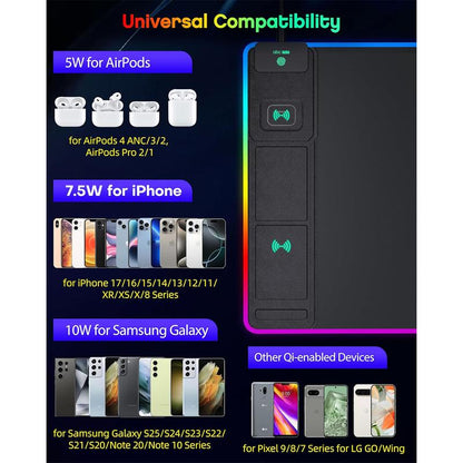 Ultimate RGB Wireless Charging Gaming Mouse Pad with Phone Stand - 31.5"x15.8" - 24 Light Effects, Non-Slip, Waterproof, Ultra-Smooth Surface