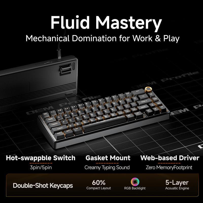 KEMOVE DK68E/T68E 60% Hot-Swappable Mechanical Gaming Keyboard - Gasket-Mount Design, Creamy Sound, RGB Backlit, Programmable Volume Knob, Pre-Lubed Switches, USB-C Wired